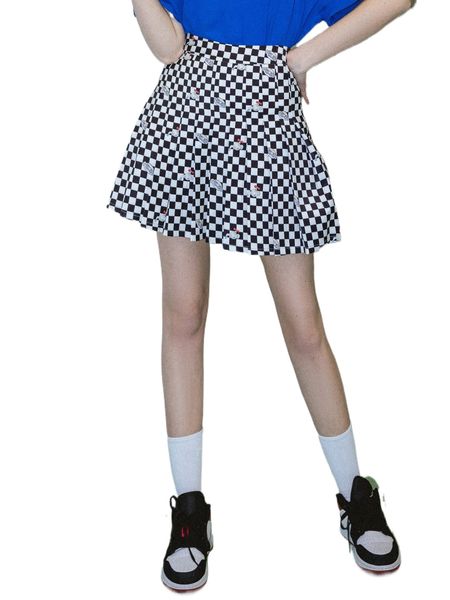 

checkered & cartoon graphic skirt m7lp#, Black
