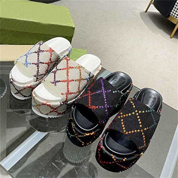 

designer g women sandals slides luxury wedge high heel embroidery printed slippers platform rubber shoes with box, Black