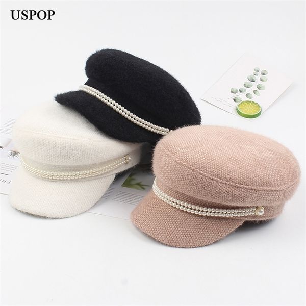 

uspop winter caps women sboy female pearl mink hair military vintage flat thick warm hats 220507, Blue;gray