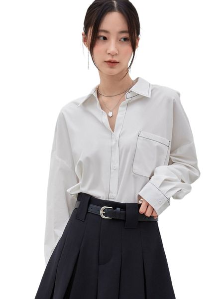 

dazy-less solid pocket front drop shoulder shirt 332s#, White