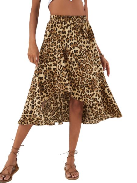 

leopard print asymmetric hem skirt t9pm#, Black