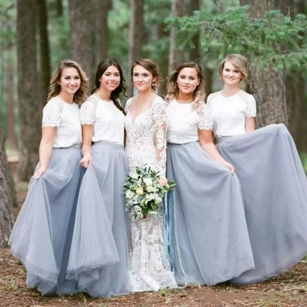 

white and blue bridesmaid dresses a line jewel neck floor length tulle lace short sleeves custom made plus size country beach wedding maid o, White;pink