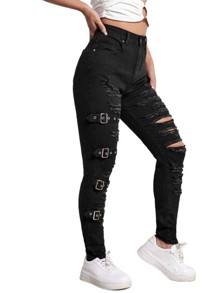 

high waist ripped eyelet buckled detail skinny jeans n8jt#, Blue