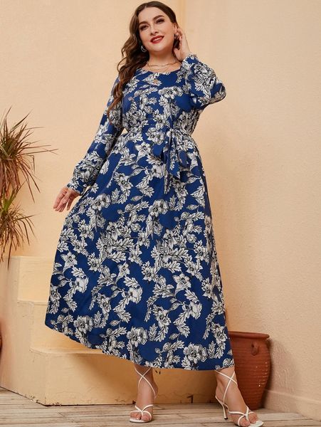 

plus floral print lantern sleeve belted dress c6vc#, Black