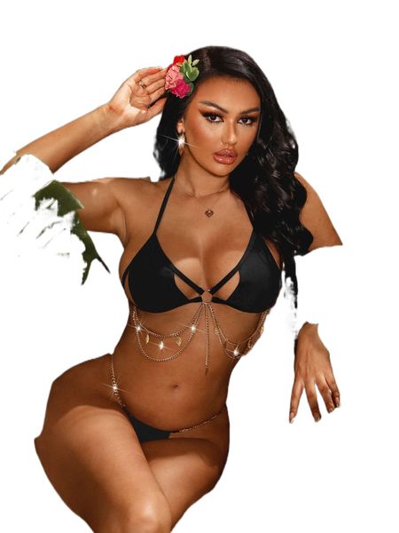 

cut-out ring linked chain linked halter bikini 77wv#, White;black