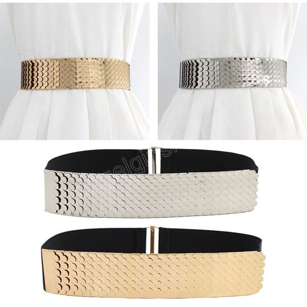 

gold silver wide elastic belt sequin shiny cummerbund metal fish scale pattern waist belt slim fit corset decoration waistbands, Black