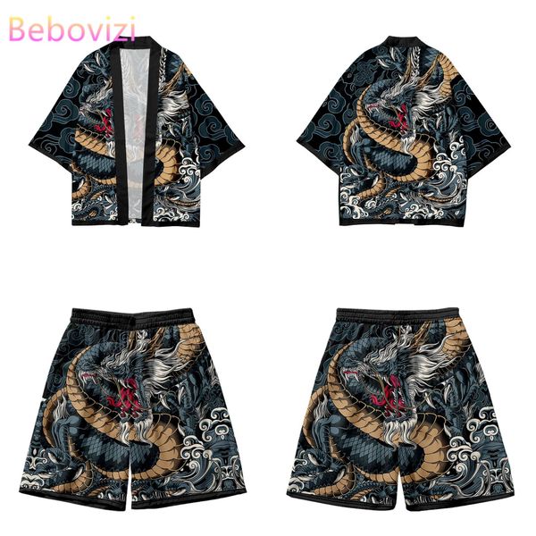 

yukata suit harajuku print kimono shorts sets summer two-piece suit japanese anime dragon cardigan women men cosplay haori, Red