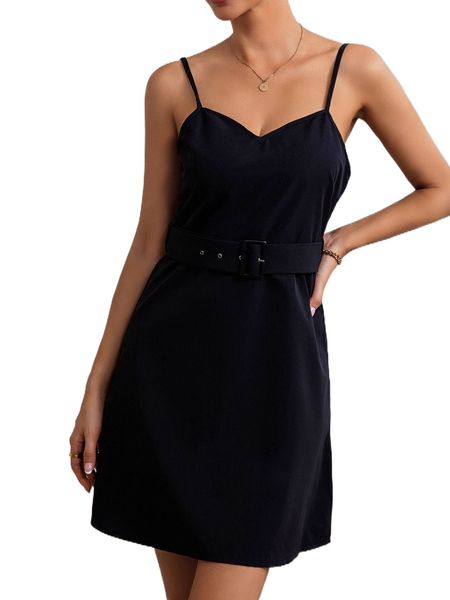 

solid belted cami dress s00y#, Black;gray