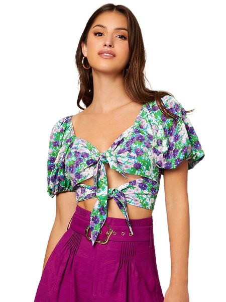 

allover floral print knot front cut out crop blouse m8u0#, White