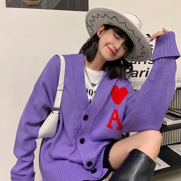 

designer korean fashion embroidery big love v-neck sweater women's sweater loose cardigan jacket couple's wear 2002 luxury, White