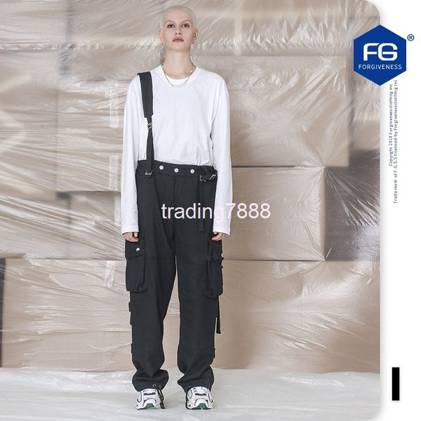 

men's shorts fg men's wear | autumn and winter national fashion solid color multi pocket work clothes leisure loose suspender pant, White;black