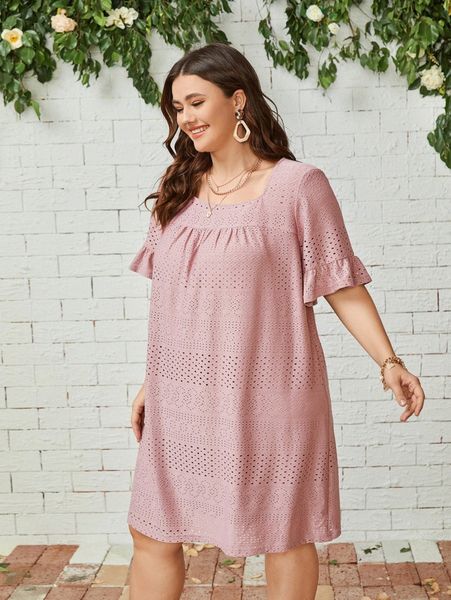 

plus square neck eyelet embroidery dress x2dl#, Black