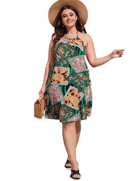 

plus patchwork print tie backless halter dress 82wz#, Black