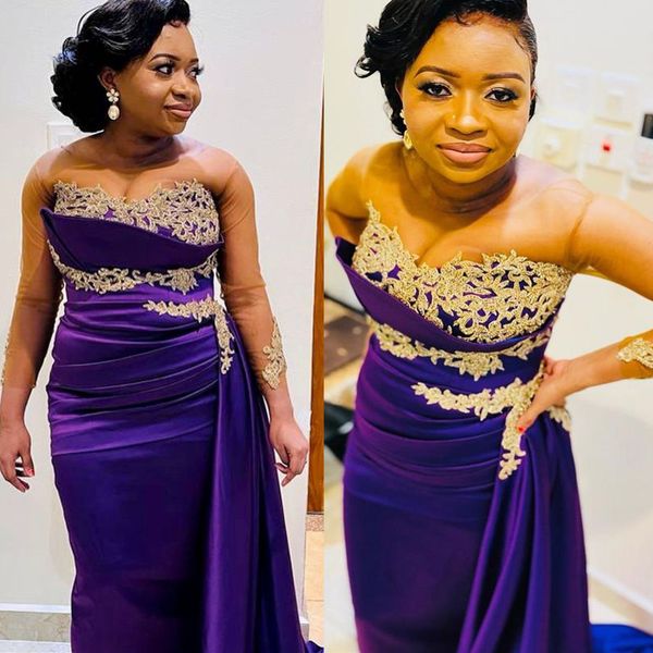 

2022 plus size arabic aso ebi purple lace beaded prom dresses sheer neck evening formal party second reception birthday engagement bridesmai, Black