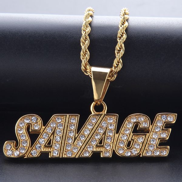 

full cz stone mens 14k gold chains pendant necklaces with savage iced out pendant necklace hip hop jewerly, Silver