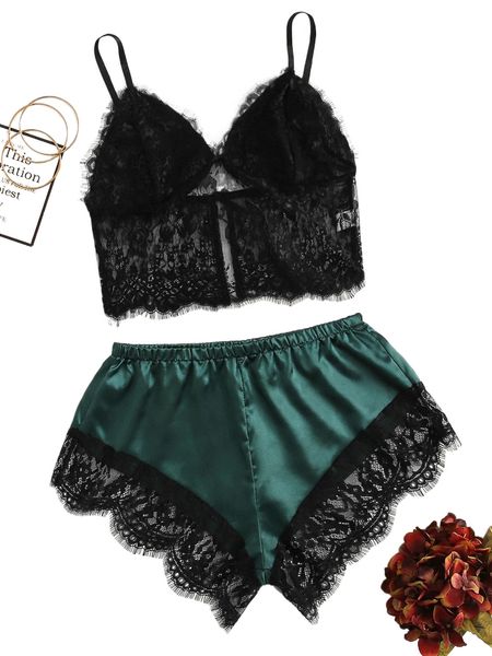 

contrast lace satin lingerie set 21pw#, Black;red