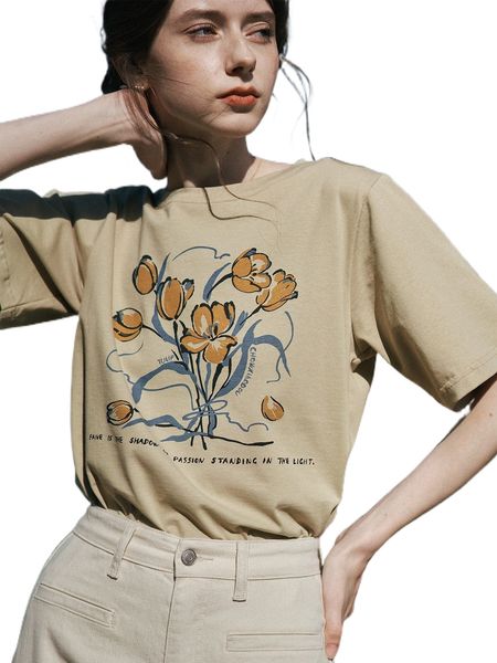 

simple retro slogan & floral print tee r9uu#, White