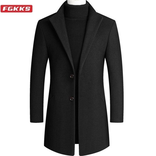 

fgkks men's camel wool coat autumn winter men slim fit warm coats solid color casual mid-length wool blends mens coats 4xl 201127, Black