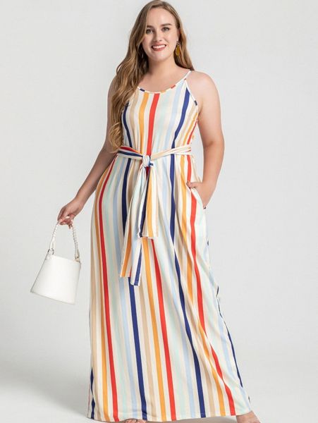 

plus rainbow striped cami dress with belt d3ep#, Black