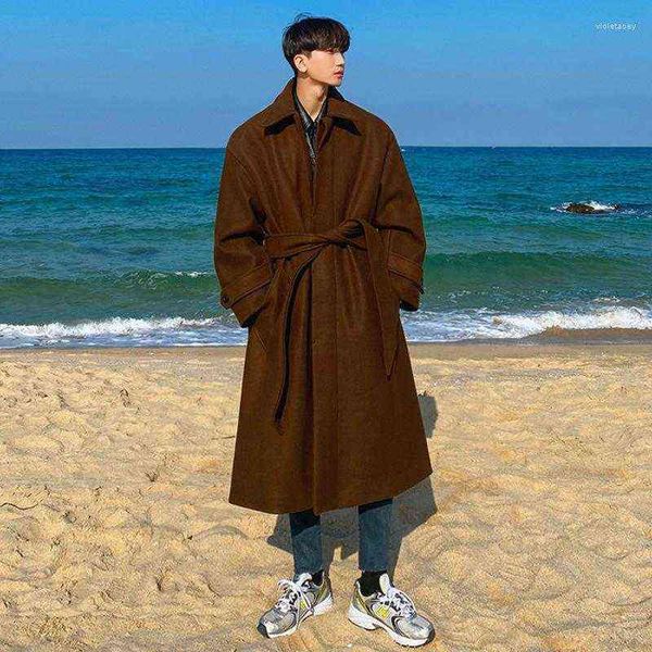 

men's wool & blends syuhgfa tweed overcoat autumn winter long coat loose knee-length 2022 korean british thickened belted woolen jacket, Black