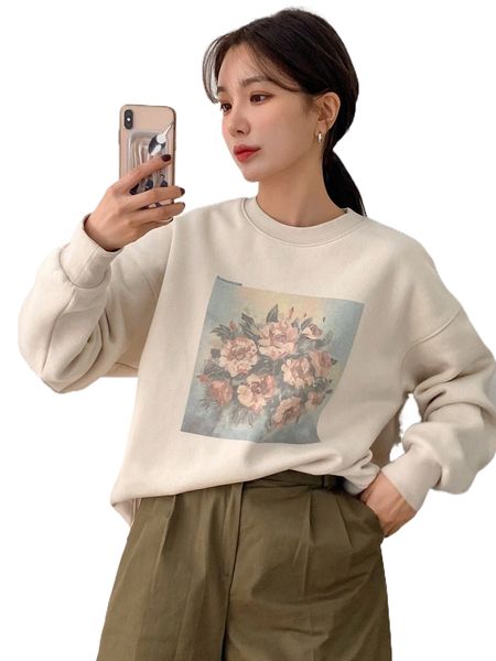 

dazy floral print drop shoulder pullover 78eh#, Black