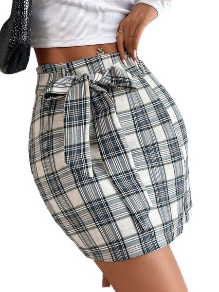 

sxy high waist plaid split hem belted skirt z8ux#, Black