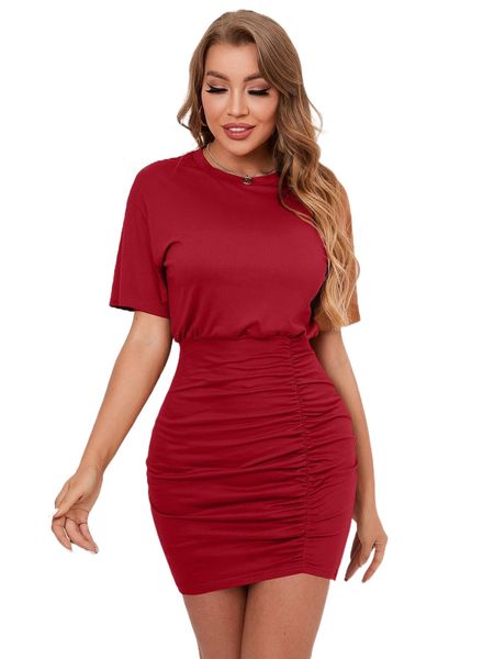 

solid drop shoulder ruched dress p8xi#, Black;gray