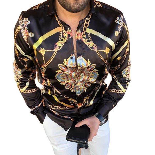 

men's casual shirts 2022 autumncasual fashion printed long-sleeved silky shirt single-breasted cardigan dinner party, White;black