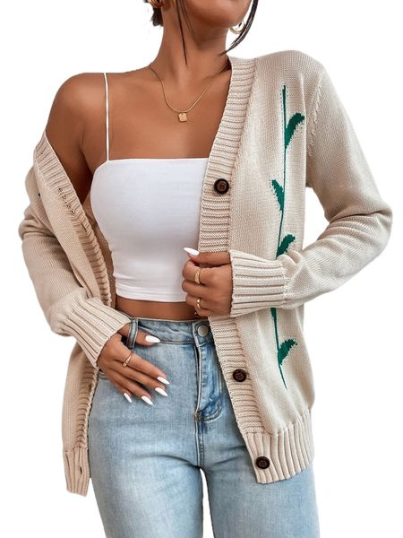 

plant pattern button front cardigan l9c3#, White;black