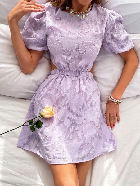 

jacquard puff sleeve cut out waist tie back dress i9sr#, Black;gray