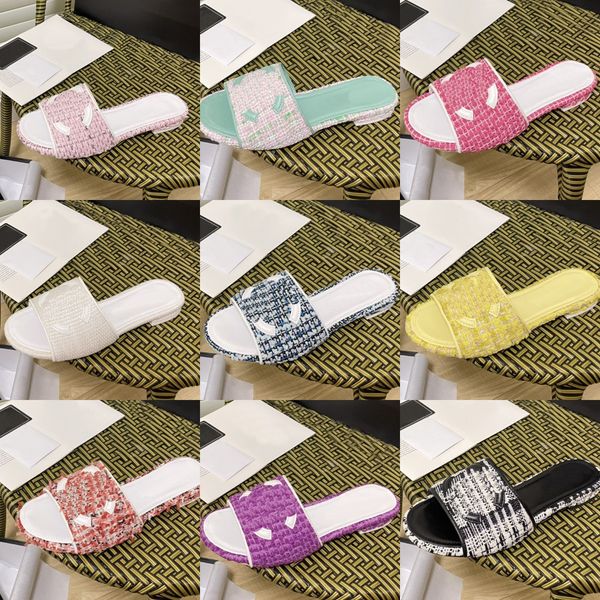 

women tweed slippers summer rubber sandals beach sliders scuffs indoor shoes designer canvas cross woven outdoor peep toe woody casual slipp, Black