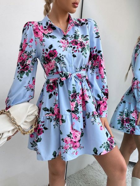 

floral print half button ruffle hem belted dress z28o#, Black;gray