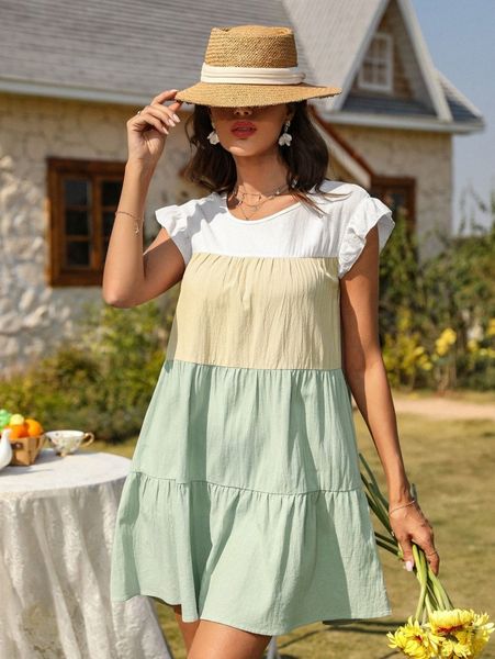 

colorblock butterfly sleeve smock dress g0ii#, Black;gray