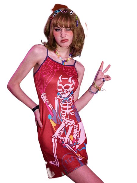 

romwe x tedcreation street life skeleton print cami dress g9fj#, Black;gray