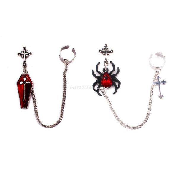 Ciondola Lampadario 1Pc Gothic Punk Red Spider Cross Bara Finitura argento Lunga catena Ear Cuff Orecchini Gioielli di moda Unisex DropshipDangle