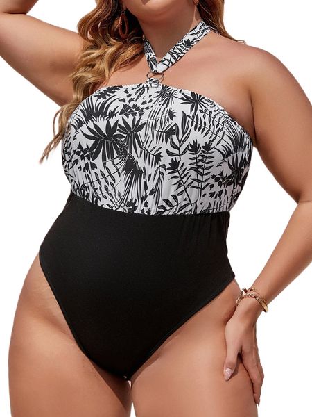

plus plants print ring backless bodysuit k27h#, Black