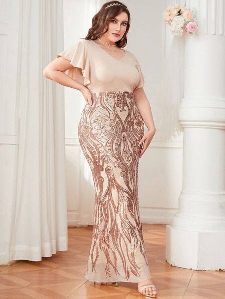 

plus flutter sleeve plant pattern sequin insert formal dress v97o#, Black