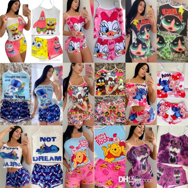 

women tracksuits designer clothing summer colorful two-piece sets slim cartoon printed sleeveless vest and shorts suits outfits, Gray