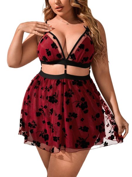 

plus floral print butterfly appliques cut out mesh cami nightdress w5cl#, Black;white