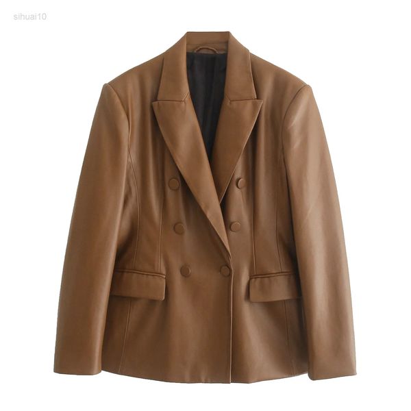 

women fashion pu faux leather slim blazers jacket vintage long sleeve bags female outerwear chic l220725, Black;brown