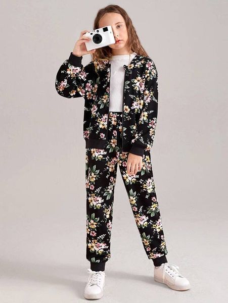 

girls floral print drop shoulder hoodie & sweatpants she, White