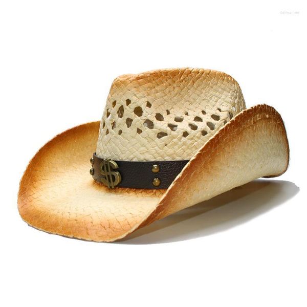 Beralar moda erkekler batı kovboy şapkası ile punk para deri band saman baba plaj sombrero kapes örgü cowgirl caz boyutu 58cmberets delm22