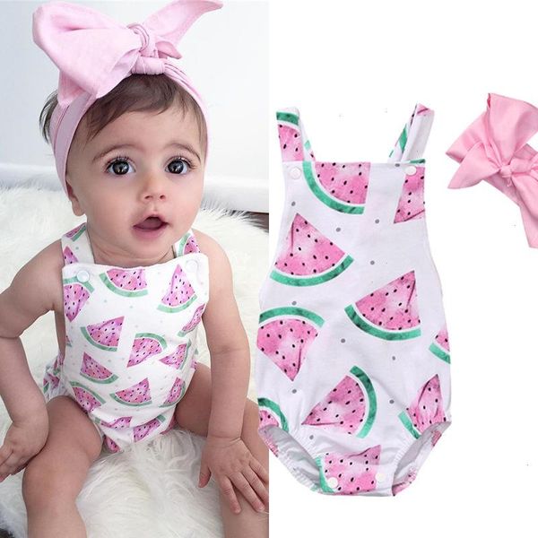 

summer cute baby girls set romper jumpsuit headband watermelon printed outfits sunsuit 0-24m children kids clothes, White