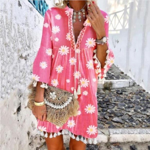 Vestidos casuais vintage mulheres sexy vestido de verão rosa estampa floral solto largo de tamanhos de vestido de verão praia mini ropa de mujer