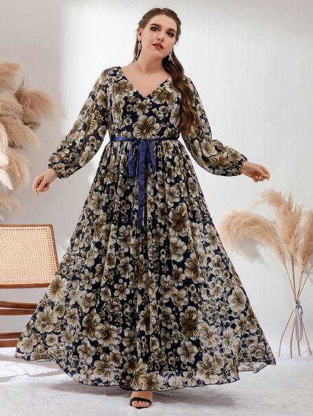 

plus floral print lantern sleeve belted dress d9as#, Black