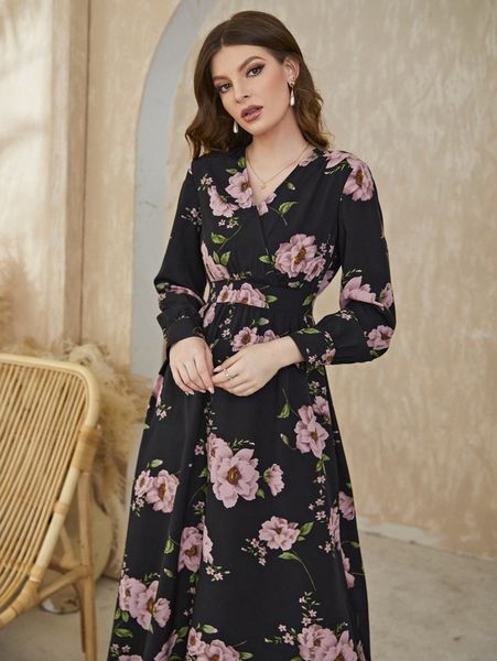 

floral print overlap collar dress k6l2#, Black;gray