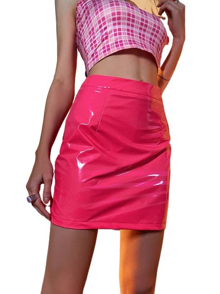 

high waist solid pu skirt u09u#, Black