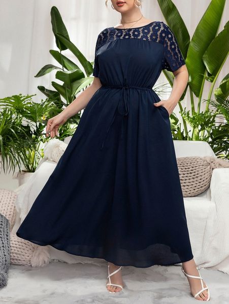 

plus guipure lace insert drawstring waist dress b6db#, Black