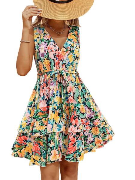 

allover floral print surplice neck layered hem belted dress y6gn#, Black;gray