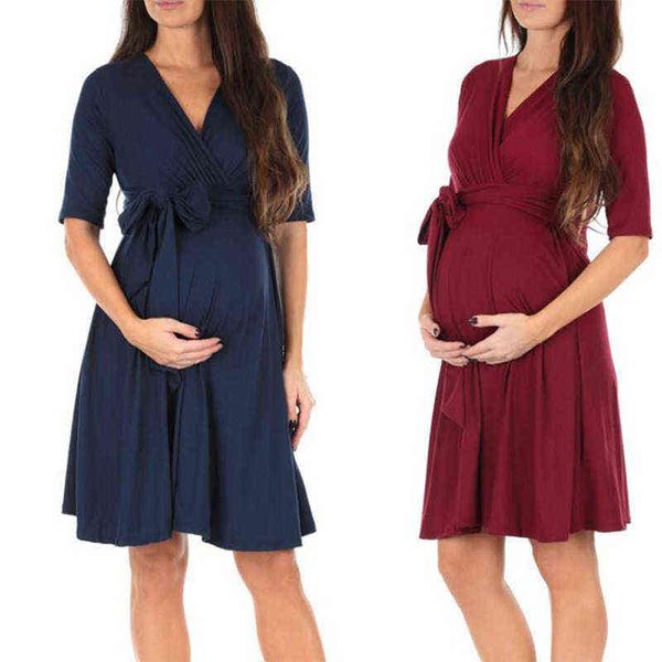 

dresses for women pregnant dresses maternity v-neck three quarter sleeve pleated beautiful clothes pregnancy party evening dress g220309, White